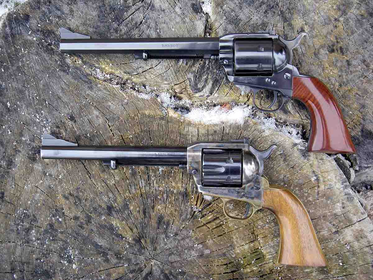The Bad Boy .44 Magnum (top) is built by Uberti and displays significantly better quality than the Iver Johnson Cattleman .44 Magnum (bottom) built by Uberti in the 1970s.